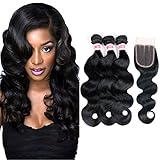Fabeauty Peruvian Body Wave Human Hair 3 Bundles with Closure 100% 7a Unprocessed Peruvian Virgin Hair Body Wave with Closure Soft Human Hair Extensions Bundles with Lace Closure(44)