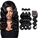 Fabeauty Peruvian Body Wave Human Hair 3 Bundles with Closure 100% 7a Unprocessed Peruvian Virgin Hair Body Wave with Closure Soft Human Hair Extensions Bundles with Lace Closure(44)