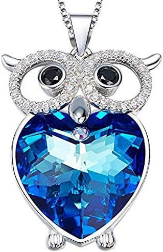 The Blue Love Heart of the Sea Cute Owl Necklace 925 Sterling Silver Necklace with Blue Heart Crystal