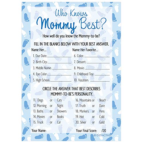 DISTINCTIVS Who Knows Mommy Best - Blue Boy Baby Shower Game - 20 Cards