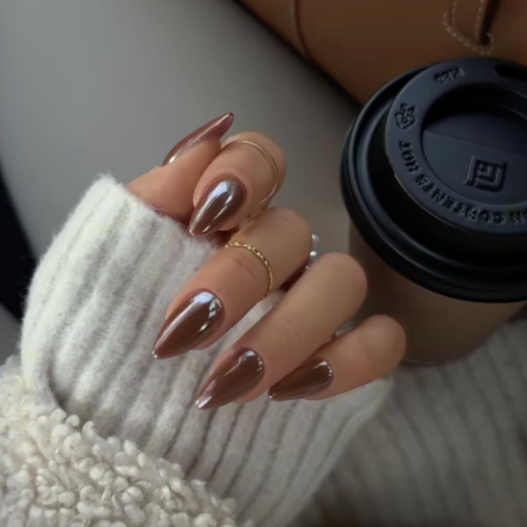 Chrome Brown False Nails Almond, SXVME Glazed Chrome Press On Nails Medium, Glitter Shine Fake Nails Medium Cute, Acrylic Stick on Nails for Women Fall Winter Wear 24 Pcs