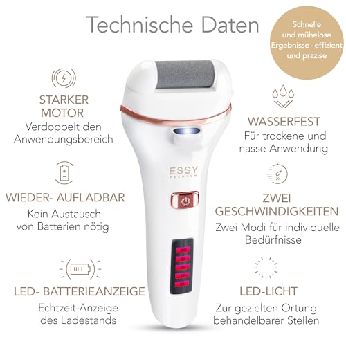 Essy Electric Rechargeable Callus Remover with 5 Replacement Rollers for Silky Soft Feet, Battery Foot Care Set Women Men with Pressure Protection, 2 Speeds, LED Display, Pedicure Set (White)