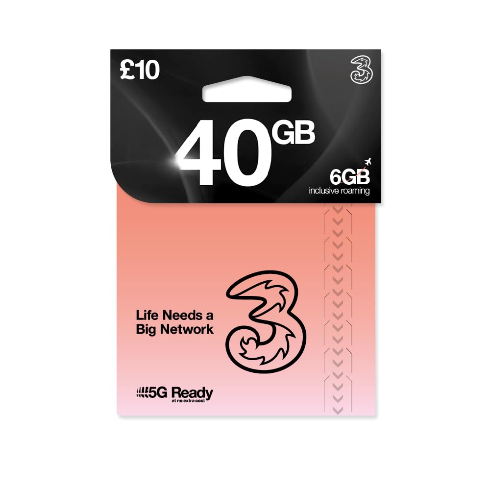 THREE 4G/5G SIM Card UK & ROAM FREE in over 70 destinations - PREPAID PAYG £10 Bundle - 20GB + (20GB FREE DATA) Unltd Texts & Mins - ROAMING ALLOWANCE 6GB