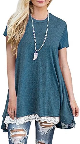 Womens Plus Size Short Sleeve A-Line Flowy Tunic Tops Lace Trim Shirt Blouse