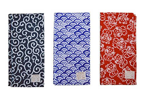 Made in Japan Komon Tenugui Towel 3 type set(Karakusa,Blue Waves, Maneki Neko)