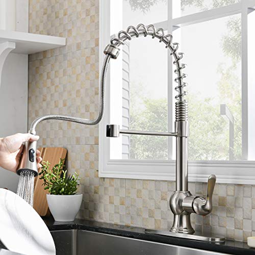 Comllen Lead Free Modern Stainless Steel Brushed Nickel Pull Down Kitchen Sink Faucet, Pull Out Sprayer Kitchen Faucet With Cover Plate
