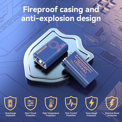 ENEGON 9V Rechargeable Battery 5000mWh (1350mAh) with Type-C Charging, Fully Charged in 3 Hours, LED Indicator, High-Capacity Li-Ion Battery