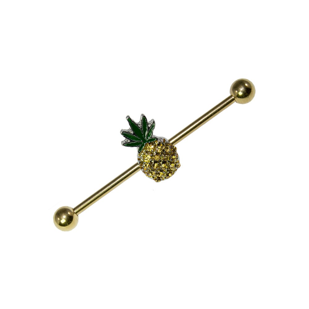 BodyJewelryOnline Industrial Barbell 14G Pot Leaf Pineapple Design Anodized Gold IP Surgical Steel