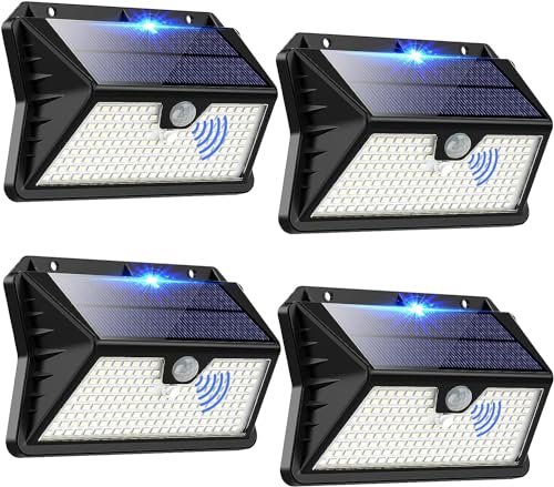 OUILA Outdoor Solar Light, 4 Pack 185 LED 3 Modes Solar Spotlights Outdoor with Motion Sensor, IP65 Waterproof Outdoor Lamps for Garden, Garage, Street, Patio, Paths (Cool White)