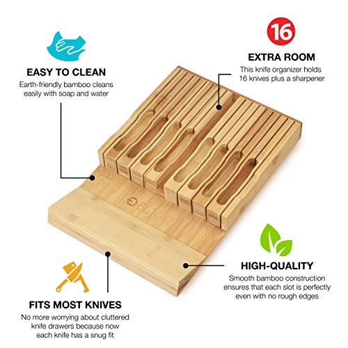 Eltow In-Drawer 16 Knife Block Bamboo Organizer | Drawer Knife Set Storage with Safety Slots for 16 Knives and Knife Sharpener | Cutlery Set Holder Elegantly Crafted from MOSO Bamboo
