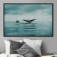 Framed Canvas Wall Art Swimming Free Cool Group Marine Life Multicolor Nautical Photography Realism Relax/Calm Whale - 16x24 inches