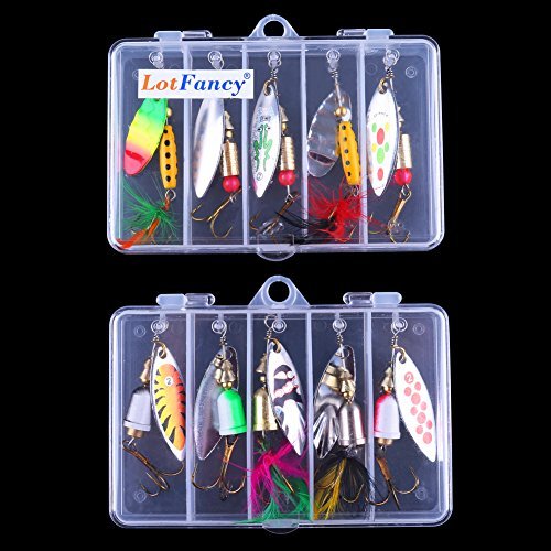 LotFancy Spinnerbaits Fishing Lures with 2 Portable Tackle Boxes - Hard Metal Spinner Baits Kit for Bass Trout Salmon Walleye, Pack of 10