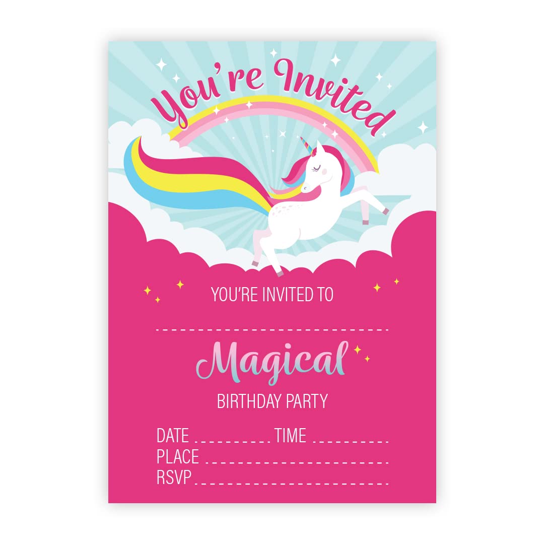 Kirsten McMillan 32 Rainbow Unicorn Birthday Party Invitations for Kids with Envelopes - Pack of 32 Rainbow Unicorn Party Invites for Girls - Designed and Printed in the UK