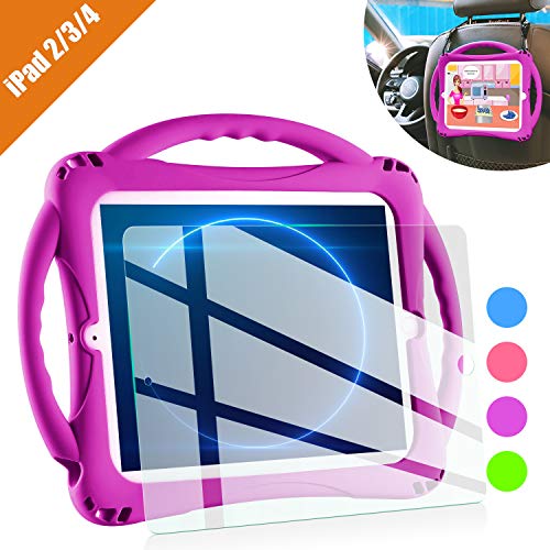 TopEsct iPad 2 Case for Kids, Shockproof Silicone Handle Stand Case Cover&(Tempered Glass Screen Protector) for iPad 2nd Generation,iPad 3rd Generation,iPad 4th Generation (Purple)