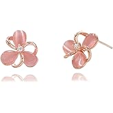 Small CZ Clover Leaf Stud Earrings for Women 925 Sterling Silver 14K Gold-Toned Cat Eye's Shamrock Flower Studs Opal Petal Floral Cartilage Tragus Earring Chic Jewelry for Mother Sister