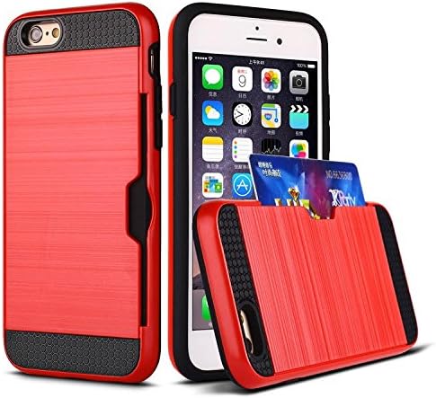 iPhone 7/7S Case Brushed Metal Texture Wallet Cover Protective Shell Anti-slip Back Cover Case with Card Holder (Red)