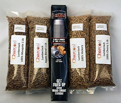 A-MAZE-N Tube Smoker 12" Combo Pack Includes 1 Lb Each of Lumber Jack 100% Cherry, Hickory, Mesquite, and 1lb Apple Blend