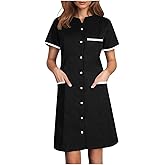Scrubs Dress for Women - Button Front Nursing Workwear - Casual Housekeeping Dresses with Pockets