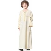IWEMEK Kids Abaya Zipper Arabic Thobe for Boys Muslim Arab Islamic Kaftan Embroidered Robe Ramadan Dubai Prayer Dress Pockets