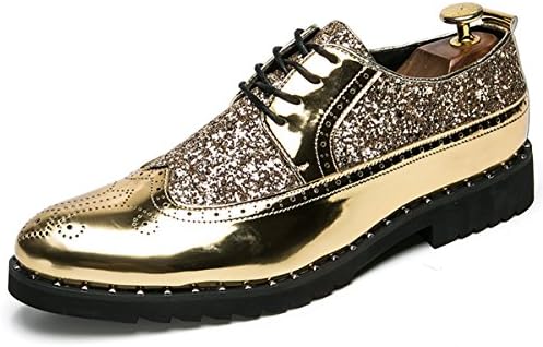AOUPOU Men's Fashion Lace up Oxford Dress Shoes with Sequins Brogue Leather Shoes Gold Black