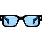 BRMHDY Retro Rectangle Sunglasses for Men Women Black Thick Square Frame Shades