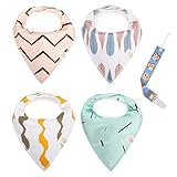 GAGAKU 4 Pack Cotton Baby Bandana Bib Set with Adjustable Snaps + 1 Pacifier Clip