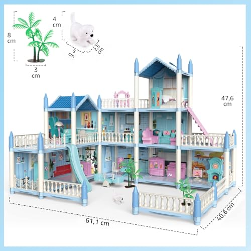 deAO Dollhouse Villa for Girls, 3-Story Dream Dollhouse with Furniture and Slides, Stairs, Fences, Dog Doll, Princess Castle Playset, Gift for 6+ Year Old Girls (Blue)