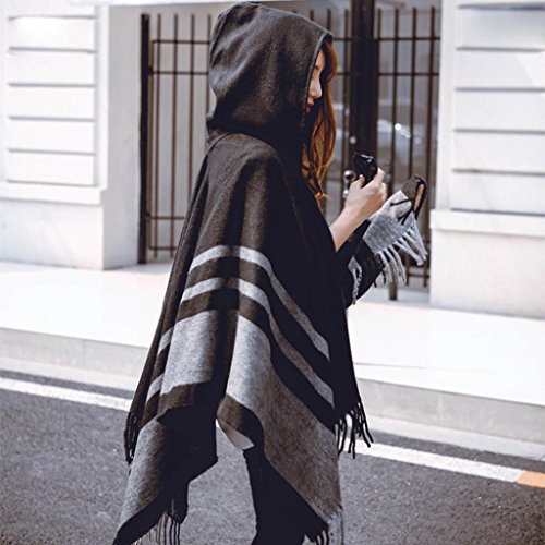 Women's Oversized Blanket Poncho Cape Shawl Stripes Cardigan Coat Hoodie with Tassel (Black) - Thumbnail 3
