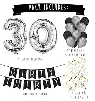 Dirty Thirty - 30th Birthday Party Pack â€“ Black & Silver Happy Birthday Bunting, Poms, and Swirls Pack- Birthday Decorations â€“ 30th Birthday Party Supplies