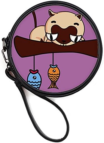 Ladies Leather Clutch Bag Round Makeup Cosmetic Bag Case With Wristrap Handle Cat Goes Fishing Pattern