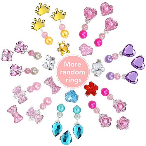 Fnova 28Pcs Little Girl Clip on Earrings and Kid Adjustable Rings in Box, Pretend Kids Jewelry Play Earrings and Dress Up Rings for Children, 3pcs Princess Necklace Jewelry Included for Free
