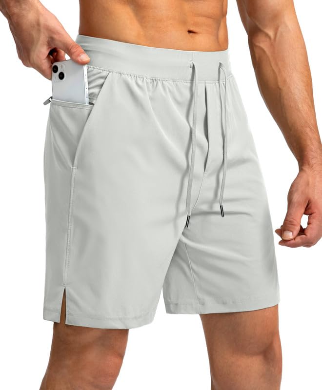 Photo 1 of Men's Running Shorts with Zipper Pockets 7 Inch Lightweight Quick Dry Gym Athletic Workout Shorts for Men (Pale White, 3XL)
