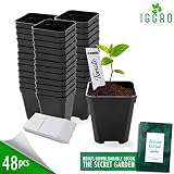 48 pcs Plastic Nursery Pot for Plants 2.75" Square x 3.25" Seed Starting/Transplant Plant Containers for Tomatoes Basil Peppers Mint with 48 Label Markers and Drain Holes for Germination with Ebook