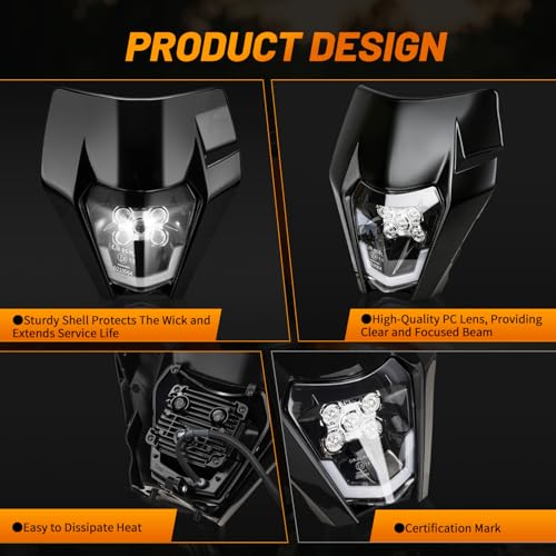 JFG RACING Universal Motorcycle LED Headlight for KTM EXC125 EXC250 SX250 SXF250 SXF250 EXC450 SX350 SXF450 EXC525 640LC4 Dirt Bike Enduro Supermoto Beta Derbi 50cc - Black