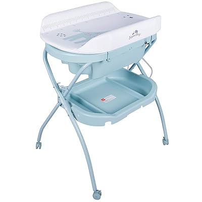 Kinsuite Baby Bathinette Folding with Wheels, Changing Table Baby Diaper Station Infant Portable Mobile Nursery Standwith Bath Tub Unit,for 0-12 Months, Blue