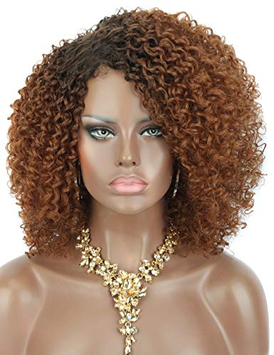 Kalyss Ombre brown Short Afro Kinky Curly Wigs for Black Women Side Curved Part Natural Looking Big,Bouncy and Super Soft Premium Synthetic Afro Curls Wigs for Women