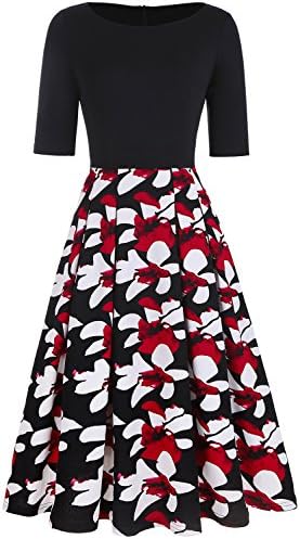 OLADY Women's Vintage Patchwork Half Sleeve Slim Fit and Flare Floral Swing Dress With Pockets
