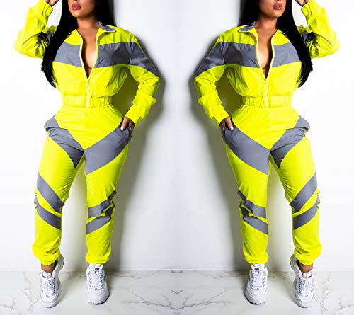 Two Piece Sets for Women - Color Block Zip Up Jacket Tops + Long Pants Activewear Set with Pockets Yellow L