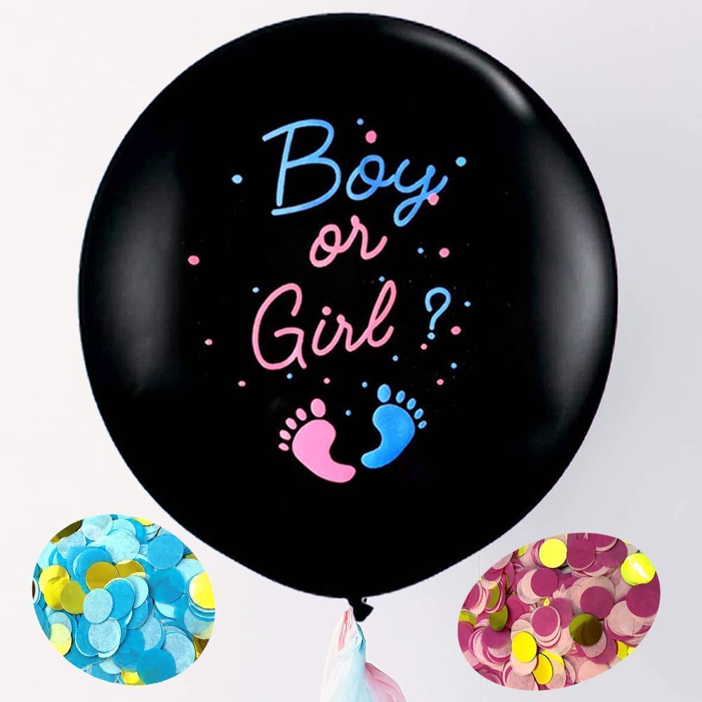 Happium Gender Reveal Balloons Boy or Girl, 36" Large Latex Balloons with Pink Blue Confetti Needle Ribbon for Baby Shower Gender Reveal Party Decoration (Our baby is a...)