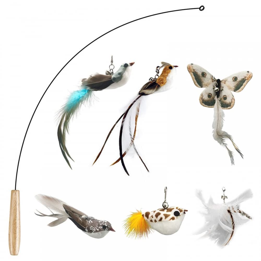 MiOYOOW 7PCS Cat Feather Toys Set, Interactive Cat Toy Feathers Cat Wand with 6 Feather Refills & Bells Festive Gifts for Indoor Cats Kittens