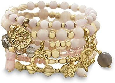 Pink Bead Stretch Bracelets Gold-tone with Flower and Leaf Charms Set of 6 Rose beads Crystal and Agate