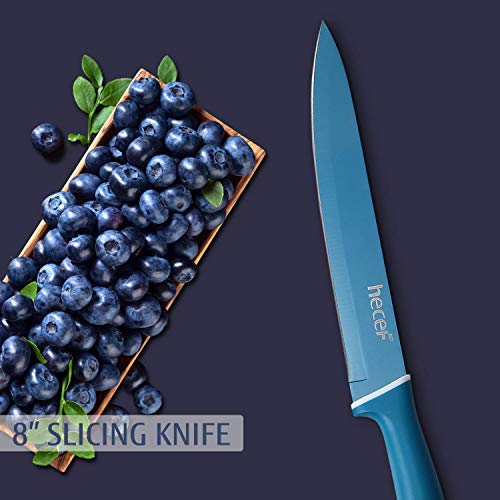 Hecef Colorful Knife Set with Covers,Non-stick Stainless Steel Blade with PP Handle, Includes 8\'\' Chef, 8\'\' Slicing, 8\'\' Bread, 8\'\' Fork, 5\'\' Utility and 3.5\'\' Paring Knife (multi-color)