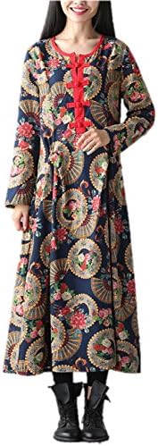 Ramatic Women Cotton Linen Floral Print Maxi Long Sleeve Dress Vintage Chinese Style (US M size (Asia L), Dark Blue)