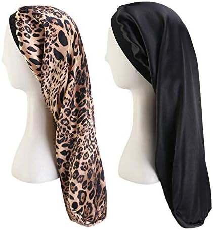 GATTORO 2 Pack Extra Large Satin Bonnet Night Cap Soft Sleeping Cap Head Cover Night Turbans Hair Loss Hat for Women (Leopard/Pure Black)