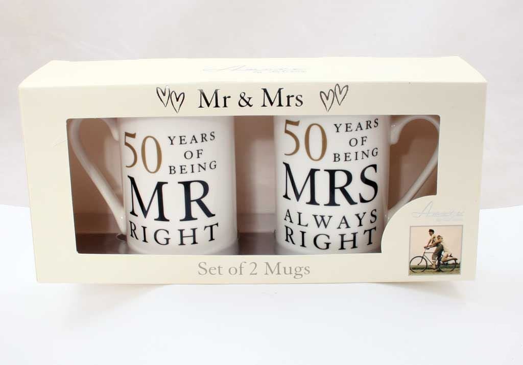 50th Golden Wedding Anniversary Gift Set of 2 Mugs"Mr Right & Mrs Always Right" Presents