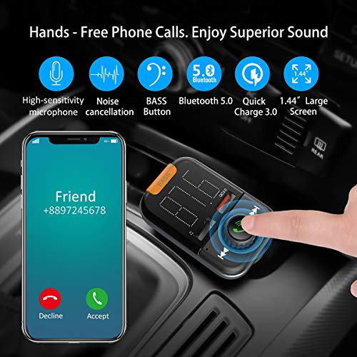 FM Transmitter with Bass Booster, Bluetooth 5.0 FM Transmitter Wireless Radio Adapter, FM Transmitter QC3.0