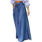 loveimgs Women's Tie Front High Waist Denim Pants Pleated Flowy Wide Leg Jean Pants Trousers with Pockets