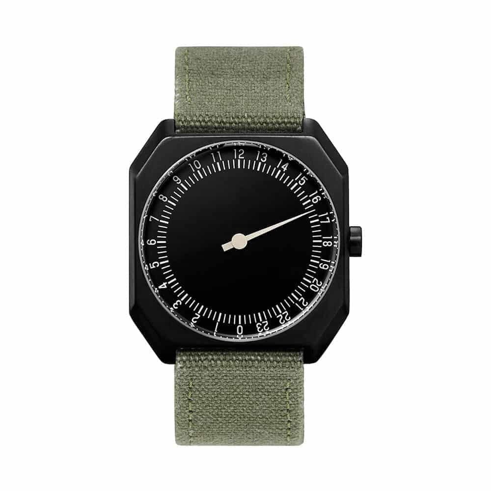 slow Jo 15 - Swiss Made one-hand 24 hour watch - Black with olive grenn canvas band