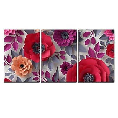 3 Piece Canvas Wall Art - Illustration - 3D Render, Digital Illustration, Red Pink Paper Flowers, Bridal Bouquet - Modern Home Art Stretched and Framed Ready to Hang - 24