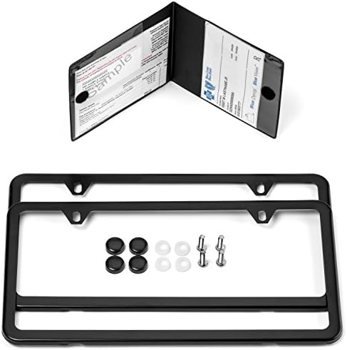 Stainless-Steel License Plate Frames with Extra Bonus Insurance and Registration Card Holder by TOPVIVO (2 Hole - Black)